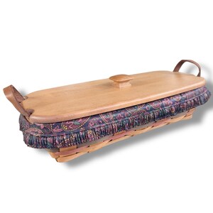 Può includere: Un cesto rettangolare con coperchio e manici in legno. Il coperchio ha un piccolo pomello e il cesto è foderato con tessuto fantasia e frange. Il cesto è realizzato in materiale tessuto.