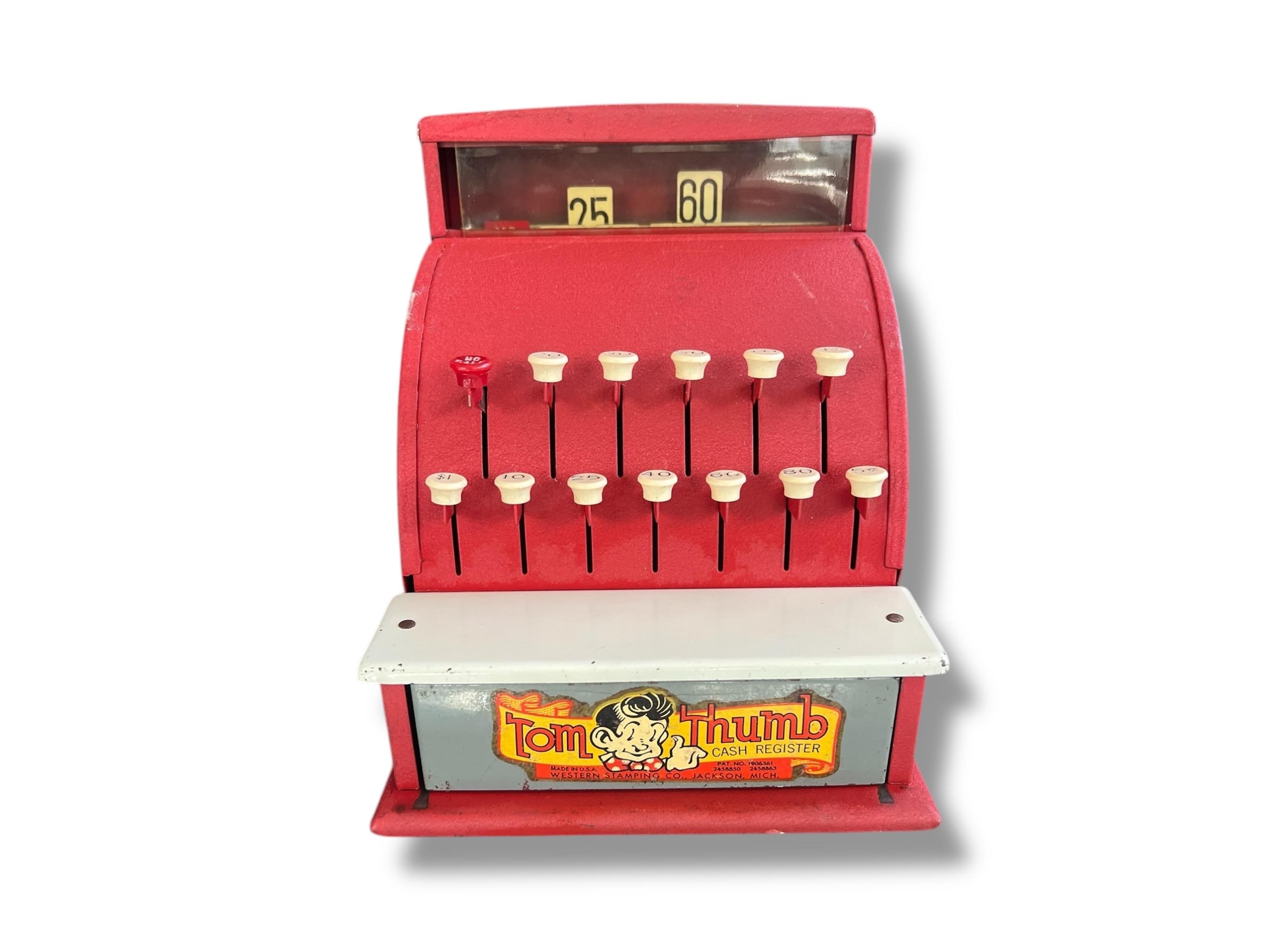 Vintage Tom Thumb Toy Cash Register, Red Finish, Working, 1940s