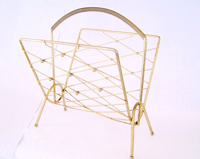Mid Century Gold Metal Magazine Rack Atomic Decor Brass Etsy