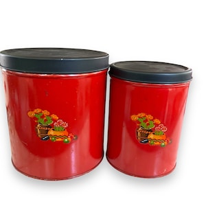 Lot of 2 Red Canisters with Decal, Housewares Box Container, Vintage Tins, Kitchen Canister Set