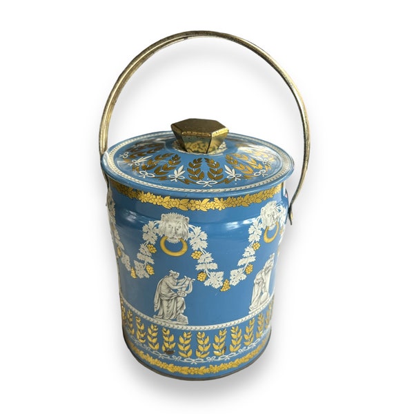 Vintage Tin Floral Murray Allen Container Storage, Tea Tin, Metal Jar, Corinth Tin, Blue Tin