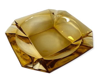 Amber Glass Ashtray, Heavy Mid Century Modern Ash Tray, 1960s