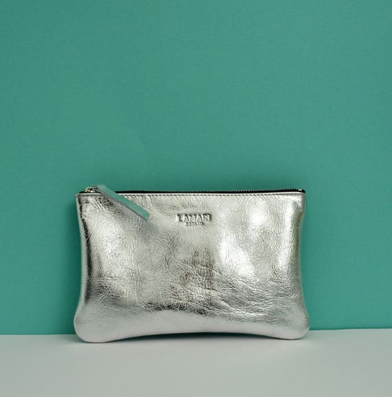 Leather zip Pouch silver leather cosmetic pouchleather | Etsy