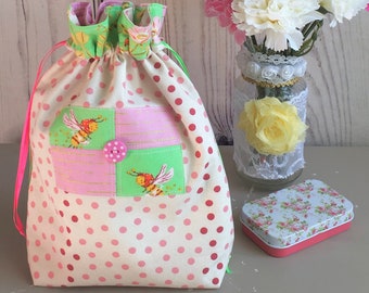 Drawstring Bag // Heather Ross // Project Bag // Crochet Bag // Reusable Bag // Gift Bag // Mini Drawstring // Whimsical Gift // Scrappy Bag