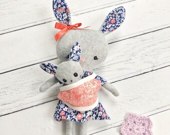 Mummy Bunny and baby bunny soft toy play set in sling Liberty print