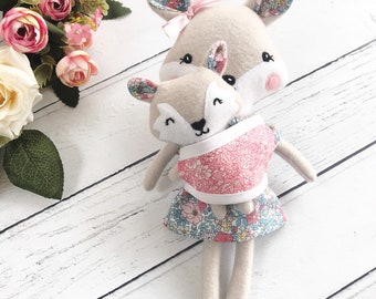 Mummy Fox and baby fox soft toy play set in sling Liberty print