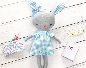 Starting school, first day personalised soft toy dress up bunny