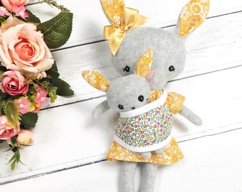 Mummy Bunny and baby bunny soft toys play set in sling Liberty print