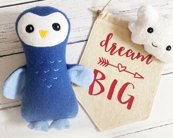 Boho hand embroidered owl soft toy