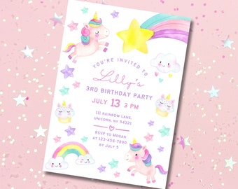 Editable Unicorn Birthday Party Invitation Magical Pastel Rainbow Unicorn Birthday Party Whimsical Fairytale Unicorn Party Instant Download