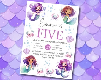 Mermaid Birthday Invitation Girl, Purple Magical Party (Instant Download)