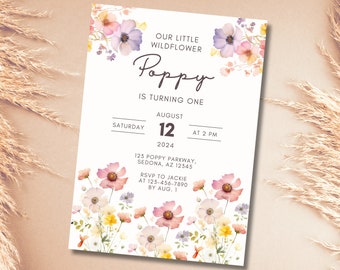 Wildflower First Birthday Invitation, Editable Boho Floral (Digital)