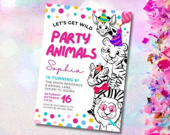 Editable Party Animals Birthday Invitation Safari Animals Birthday Invite Girl Safari Modern Safari Party Party Animal Instant Download