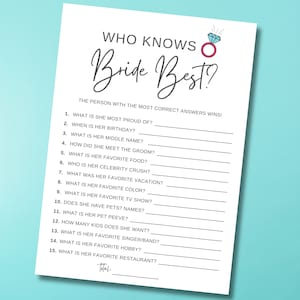 Who Knows The Bride Best, How Well Do You Know The Bride, Bridal Shower Printable Game, Instant Download, Bridal Shower Trivia