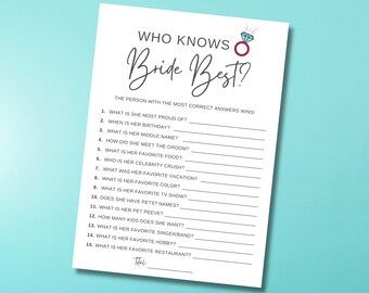 Who Knows Bride Best Game, Bridal Shower Trivia (Digital Download)
