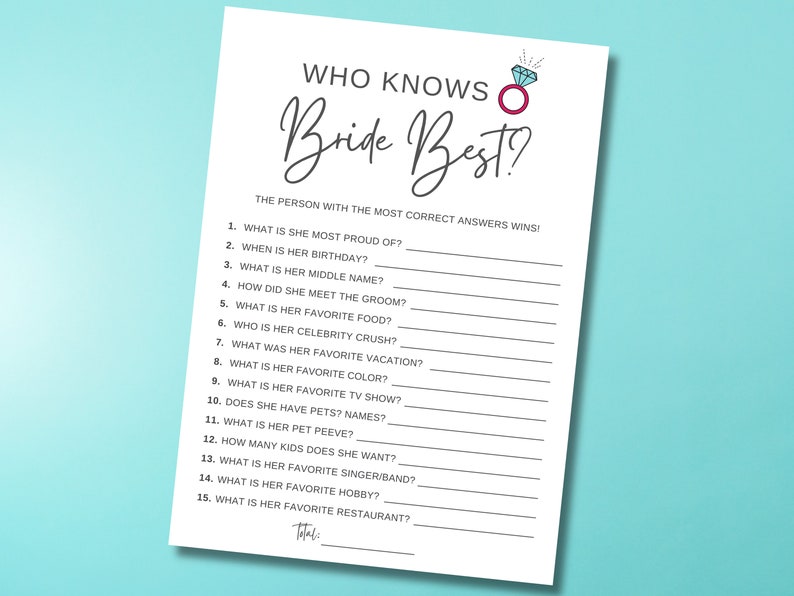 Who Knows The Bride Best, How Well Do You Know The Bride, Bridal Shower Printable Game, Instant Download, Bridal Shower Trivia image 1