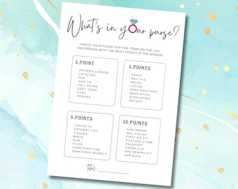 What's In Your Purse Game, Printable Bridal Shower Game, Purse Game, Instant Download