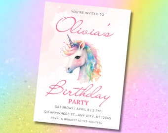 Editable Unicorn Birthday Party Invitation Magical Pastel Rainbow Unicorn Birthday Party Whimsical Fairytale Unicorn Party Instant Download