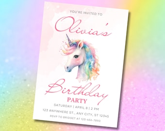 Editable Unicorn Birthday Invitation, Pastel Rainbow (Digital Download)