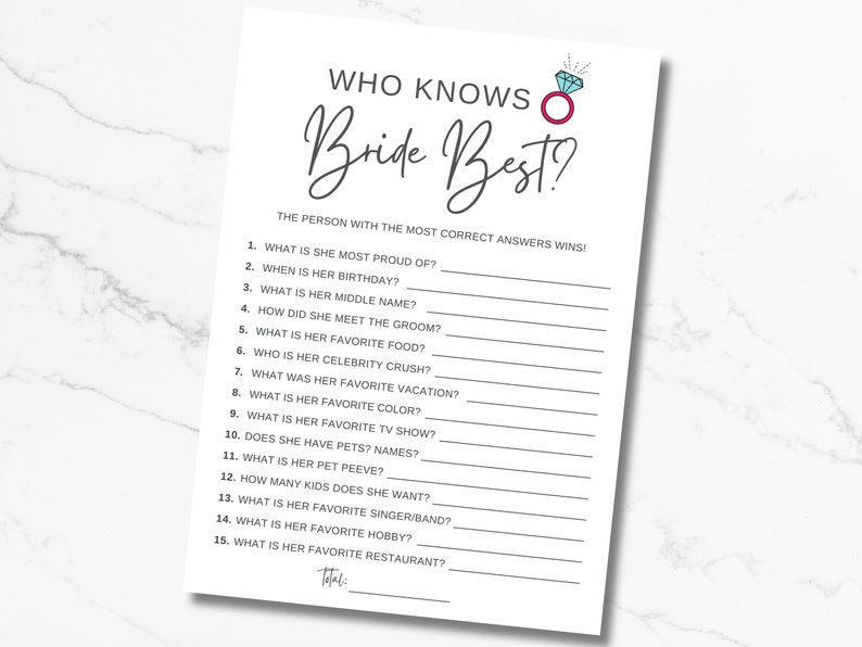 Who Knows The Bride Best, How Well Do You Know The Bride, Bridal Shower Printable Game, Instant Download, Bridal Shower Trivia image 2