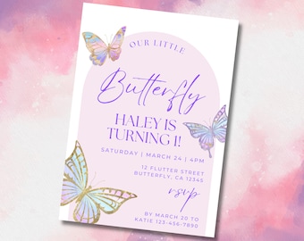 Editable Butterfly Birthday Invitation Girl 1st Birthday Invite, Whimsical Butterfly Invitation Template Instant Download