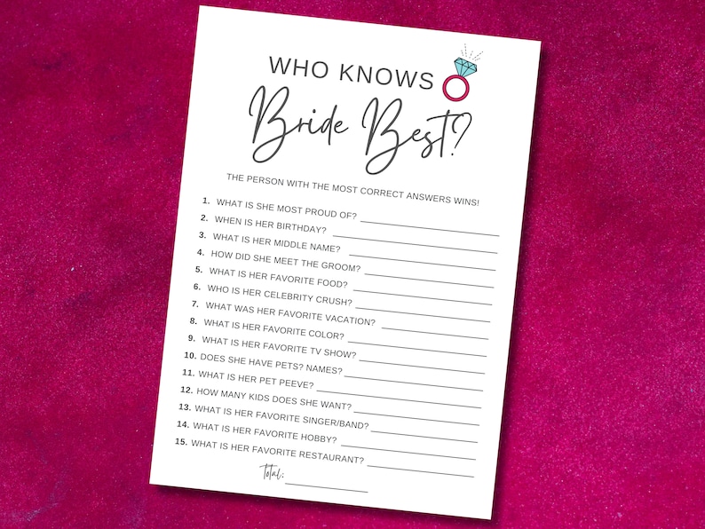 Who Knows The Bride Best, How Well Do You Know The Bride, Bridal Shower Printable Game, Instant Download, Bridal Shower Trivia image 3