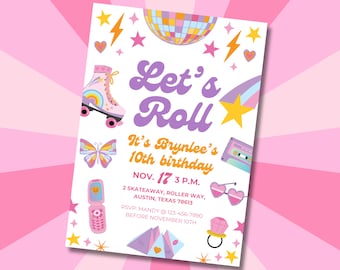 Retro Roller Skating Birthday Invitation, Groovy Design (Digital Download)