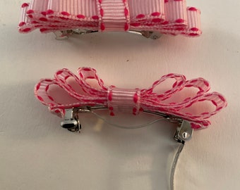 Pair of Spring or Summer Hair Bows. Pale Pink with Shocking Pink Stitching.