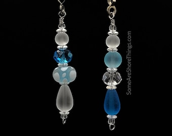 Ceiling Fan Pull Chain Set. Aqua Glass with White Polka Dots.