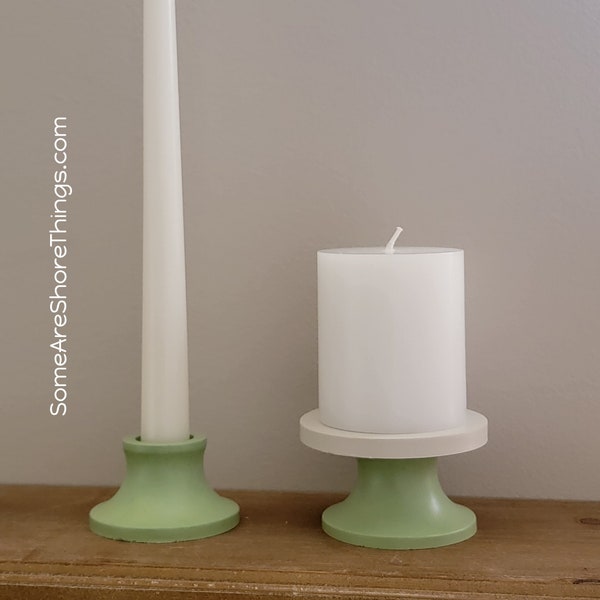 Green Taper Candlestick Holders. Pillar Candle Holder Cement Home Decor. Modern Minimalist. Tablescape. Table Top. Dining Room. Centerpiece.