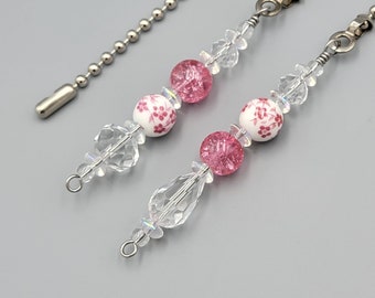 Beaded Ceiling Fan and Light Pull Chain.  Single Pull or Set Option. Pink Floral Ceramic and Glass Beads. Nursery Decor. Pink Decor.