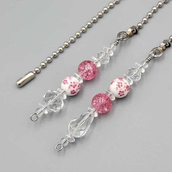 Beaded Ceiling Fan and Light Pull Chain.  Single Pull or Set Option. Pink Floral Ceramic and Glass Beads. Nursery Decor. Pink Decor.
