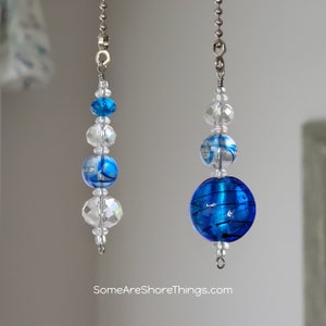 Ceiling Fan Pull Chain Set with Blue Swirl Glass Accent Beads.  Lighting Accessory.