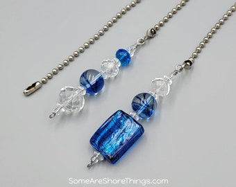 Ceiling Fan and Light Pull Chain Set with Rectangle Blue Swirl Glass Accent Bead.