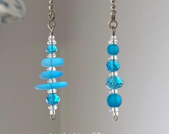 Aqua Faux Sea Glass Ceiling Fan Pull Chain. Single or Set. Beaded Light Pull