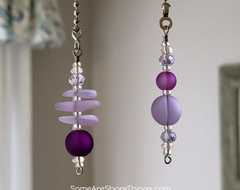 Frosted Glass Beaded Ceiling Fan and Light Pull Chain Set.  Faux Sea Glass. Purple Home Decor. Lighting Accessory