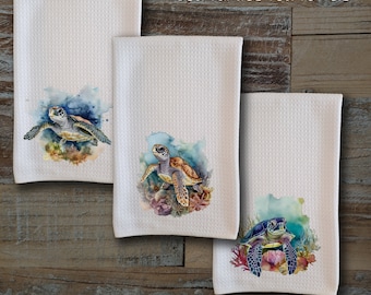 Coastal Kitchen Tea Towels. Sea Turtle Dish Towels. Hostess Gift. Bridal Shower. Beach Wedding Gift.  Microfiber. Housewarming.