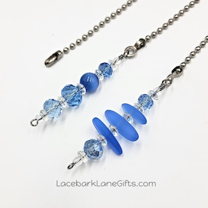 Decorative Ceiling Fan and Light Pull Chain Set. Glass Beaded Light Blue Faux Sea Glass Sold as a Single Pull or Set.