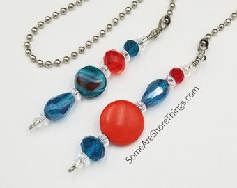 Ceiling Fan and Light Pull Chain Set.  Glass Beaded Red and Teal Home Decoration.