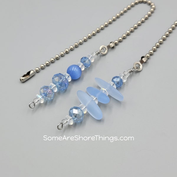 Decorative Ceiling Fan and Light Pull Chain Set. Glass Beaded Light Blue Faux Sea Glass Sold as a Single Pull or Set.