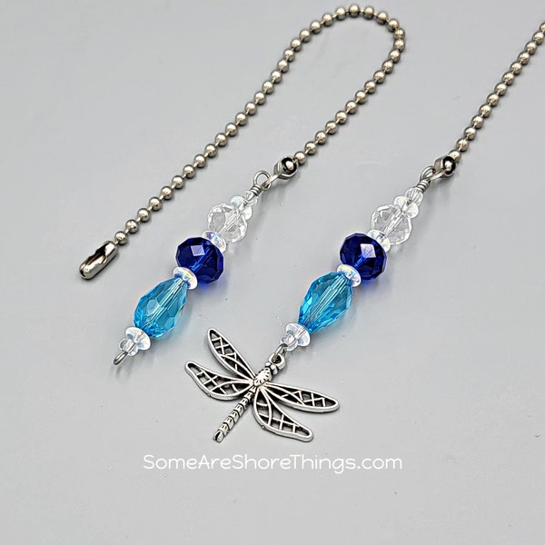 Ceiling Fan and Light Pull Chain with Dragonfly Charm.  Sold as a Single or Set.  Blue, Aqua, and Clear Glass Beads.