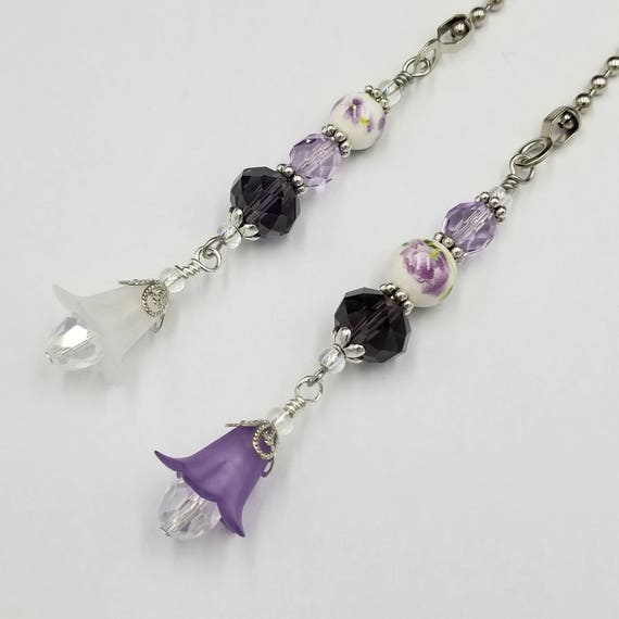 Ceiling Fan And Light Pull Chains Set With Purple Flower Beads English Flower Garden Theme Victorian Style Nursery Or Bedroom Decor