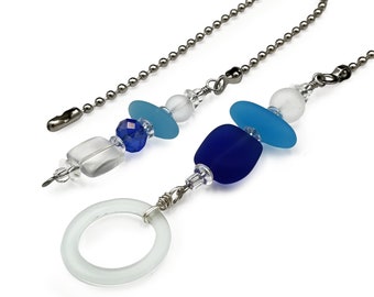 Ceiling Fan and Light Pull Chain Set. Navy Blue and Aqua Frosted Glass.