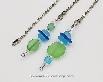 Frosted Glass Beaded Ceiling Fan and Light Pull Chain Set.  Coastal Home Decor. Faux Sea Glass. Green and Blue Decor