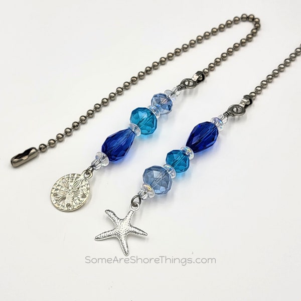 Coastal Theme Ceiling Fan and Light Pull Chain Set with Starfish and Sand Dollar Charms.  Blue Home Decor. Beach Housewarming Gift Idea.