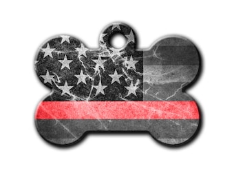 Back the Red,Thin Red Line pet Tag,Dog Id Tag,Firefighter Pet Tag,First Responder,Distressed Flag,metal Dog Tags,Bone Tag,PET_055-2