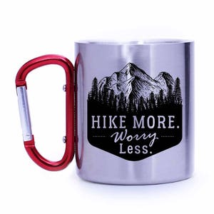 Hiker Gift,Hike more worry less,Hiker Mug,Outdoor lover gift,Camping gear,Carabiner mug,Gift for him,Gift for her,Hiking mug,Hiking Red