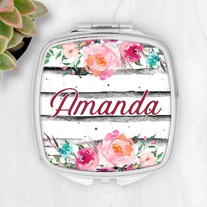 Personalized Floral Compact Mirror, Bridesmaid wedding party gift, best friend gift, personalized gift for her