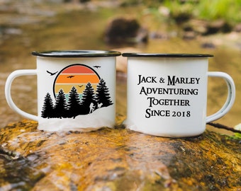 Personalized Hiking Camp Mug - Dogs and Hiking Custom Gift - Outdoor lover gift - Light weight enamel mug - Backpacker gift - hiking buddie