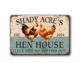 Hen House Personalized Metal Sign - Custom Name Cluck around and find out hen house outdoor safe aluminum sign for chicken run